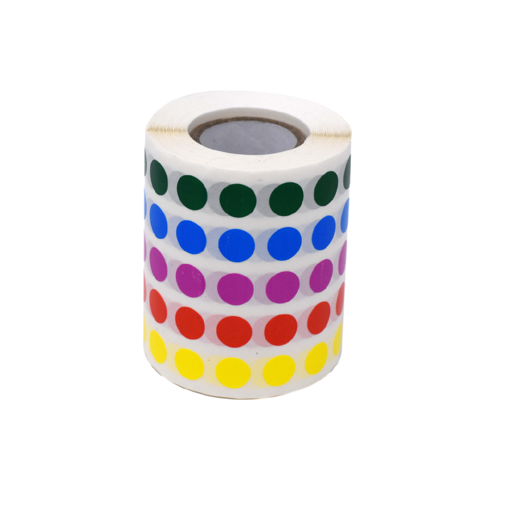 Globe Scientific Label Rolls, Cryo, 9.5mm Dots, for 0.5-1.5mL Tubes, Assorted Colors (1000 dots in blue, green, violet, red and yellow) Image